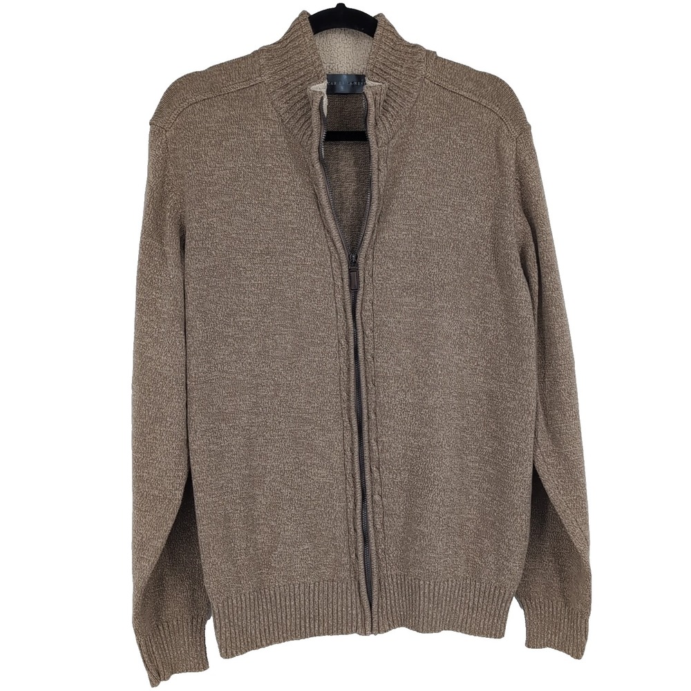 Oscar de la Renta Mens Brown Full Zip Cardigan Sweater Fleece Lined Collar L